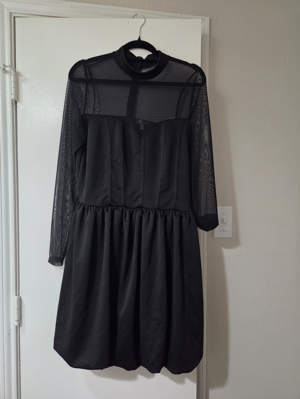 Black Sheer-Yoke Long Sleeve Fit & Flare Dress